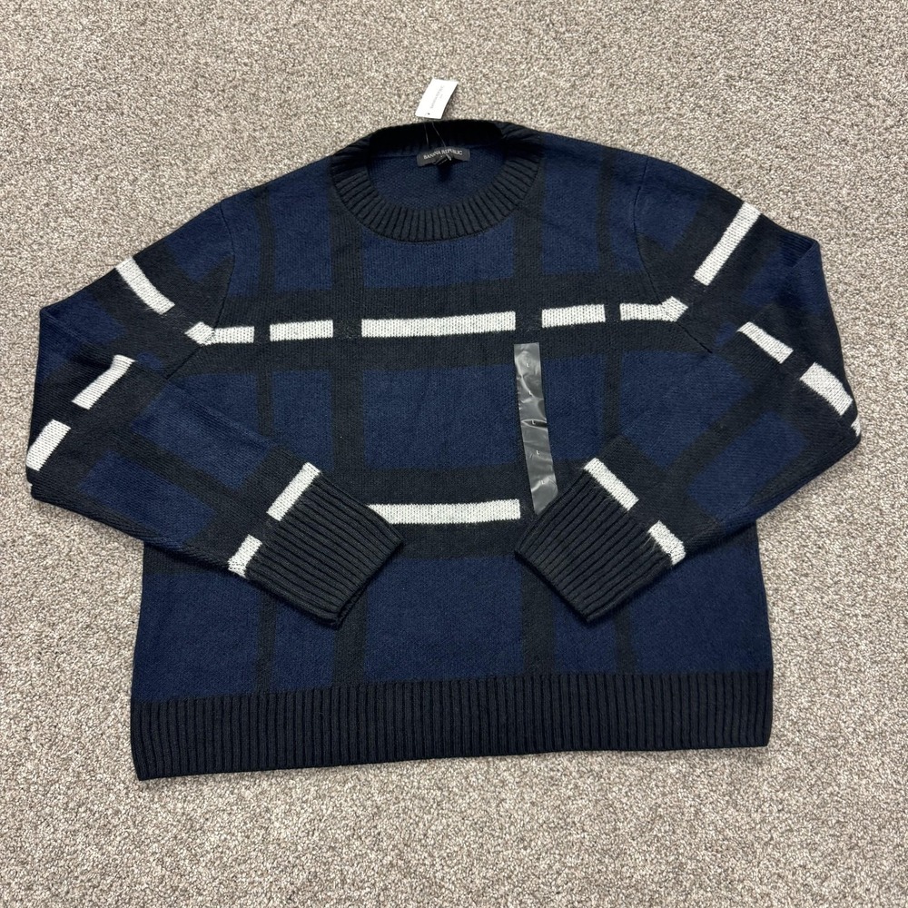 Banana Republic Sweater Mens Large Blue Tight Knit Crewneck Pullover Check